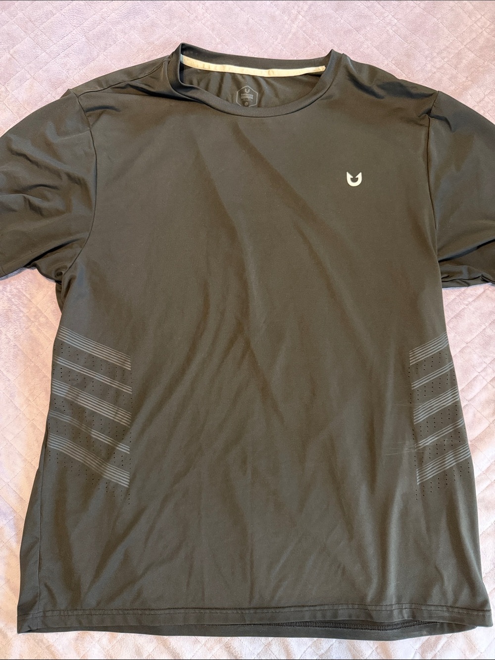 Amazon Men's Black Short Sleeve Athletic Tee with Subtle Stripe Accents